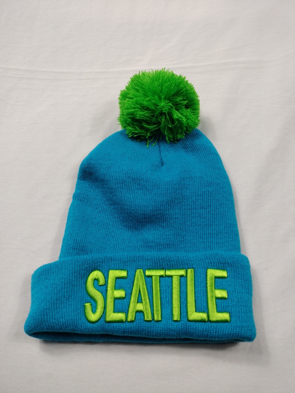 Seattle Men's Pom Beanie Hat - Blue with Green Pom